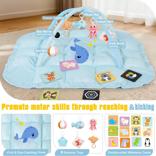 5-in-1 Tummy Time Mat Baby Activity Gym with Cartoon Pattern, Extra Thick Plush Play Floor Mat