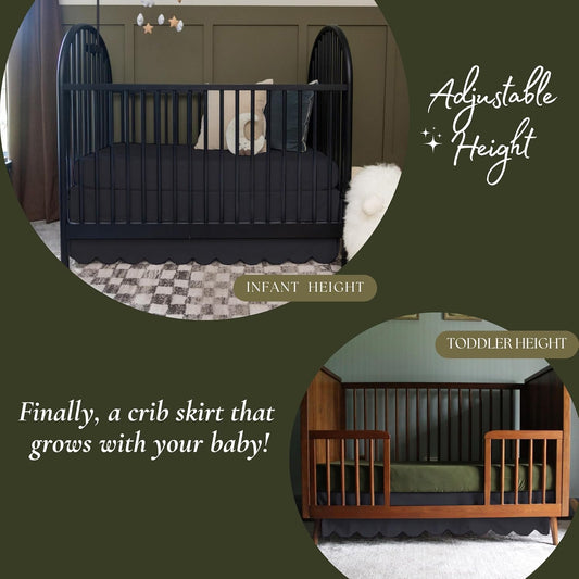 1Pcs Scalloped Edge Mini Crib Bed Skirt - 24"x 38" + 10" Drop Lenght with Split Corners for Baby Boys Girls Soft 4-Sided Bed Skirt 100% Microfiber Fabric - Black Solid