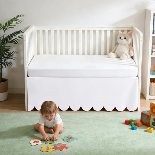 100% Cotton Scallop Edge Crib Bed Skirt, 28"x 52" with 14" Drop, 4-Sided Soft Breathable Cotton Bedding Skirt for Baby Boys Girls, Elegant Vintage Chic Boho Nursery Decor Toddler Bedskirt