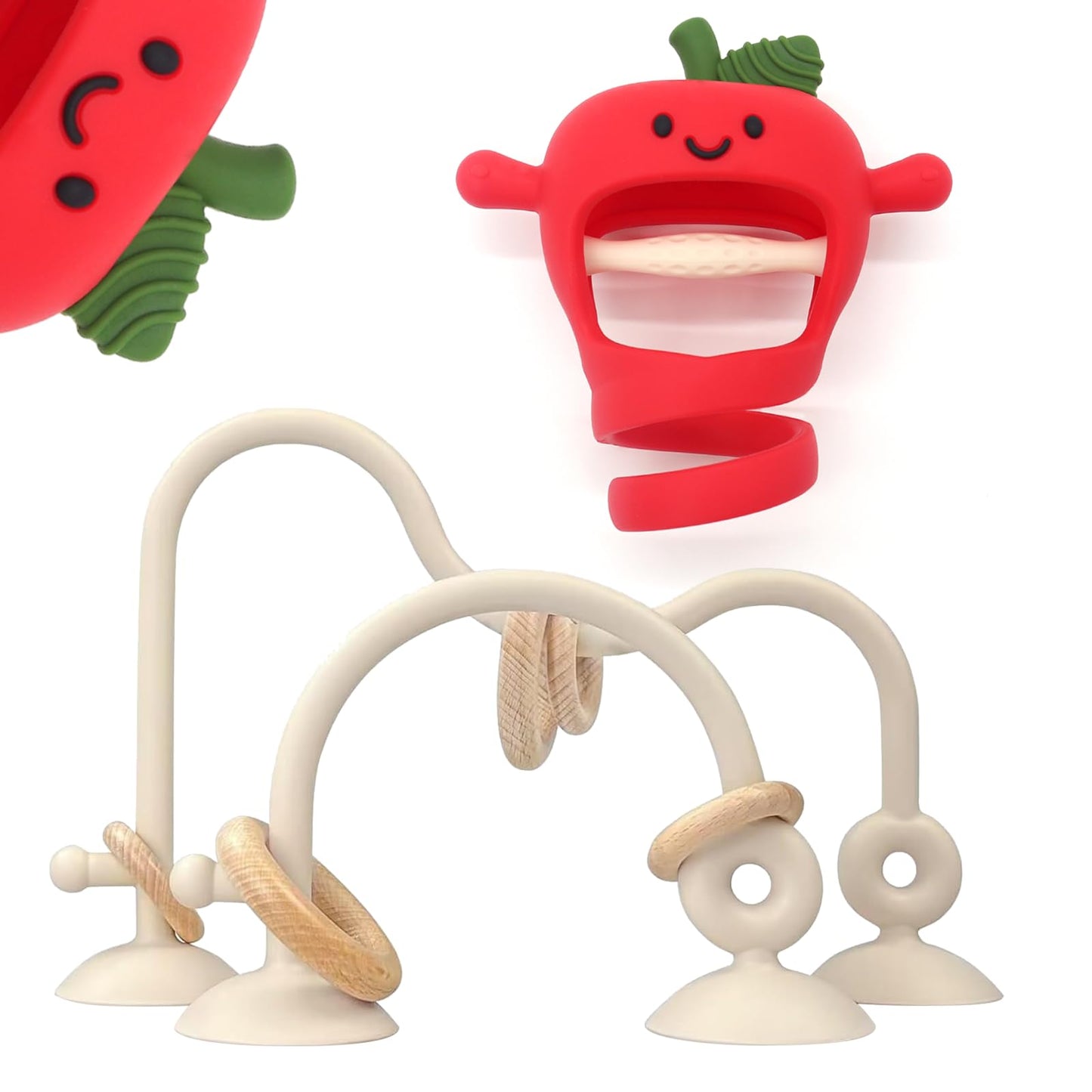 Baby High Chair Suction Toys Teething Chew - Silicone Apple Teething Relief Toys Silicone Teethers Table Toys, Food Grade Silicon for 6 12 18 Months(Beige)