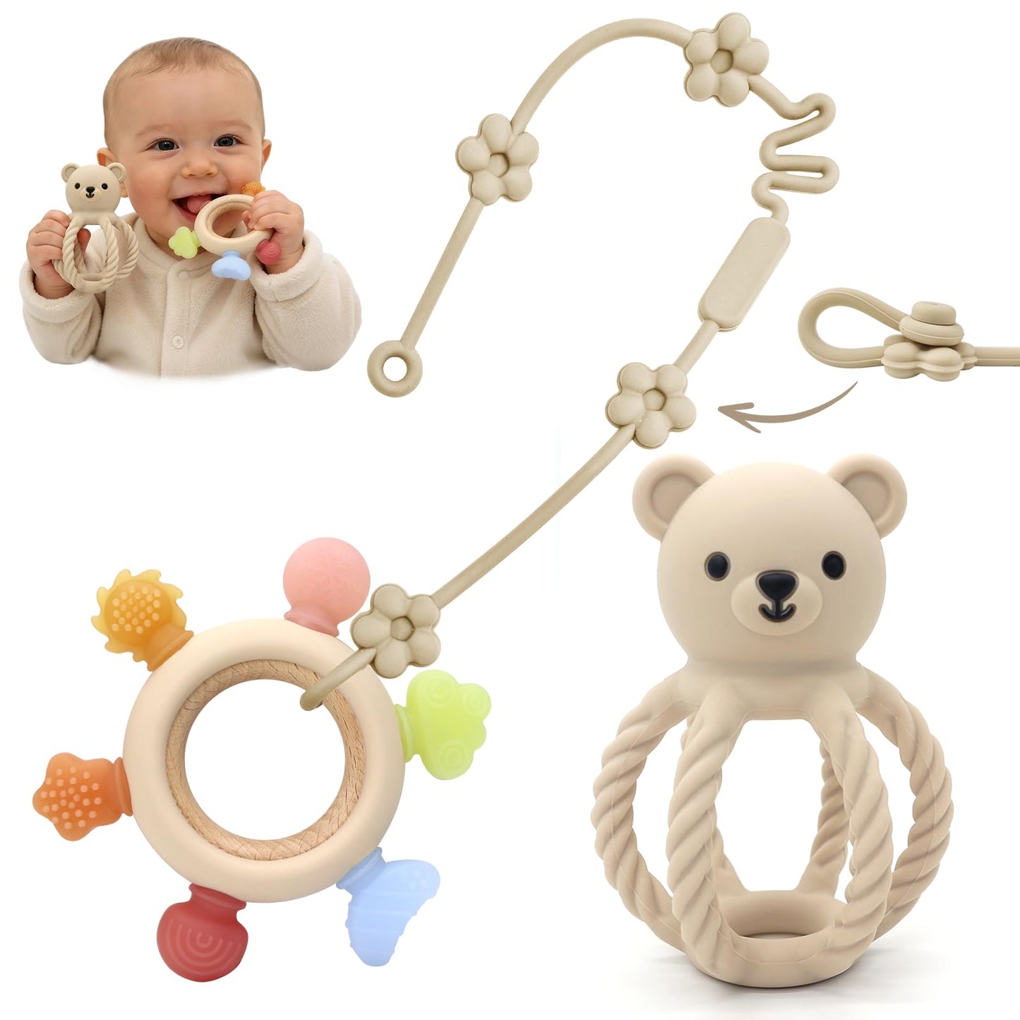Baby High Chair Suction Toys Teething Chew - Silicone Apple Teething Relief Toys Silicone Teethers Table Toys, Food Grade Silicon for 6 12 18 Months(Beige)