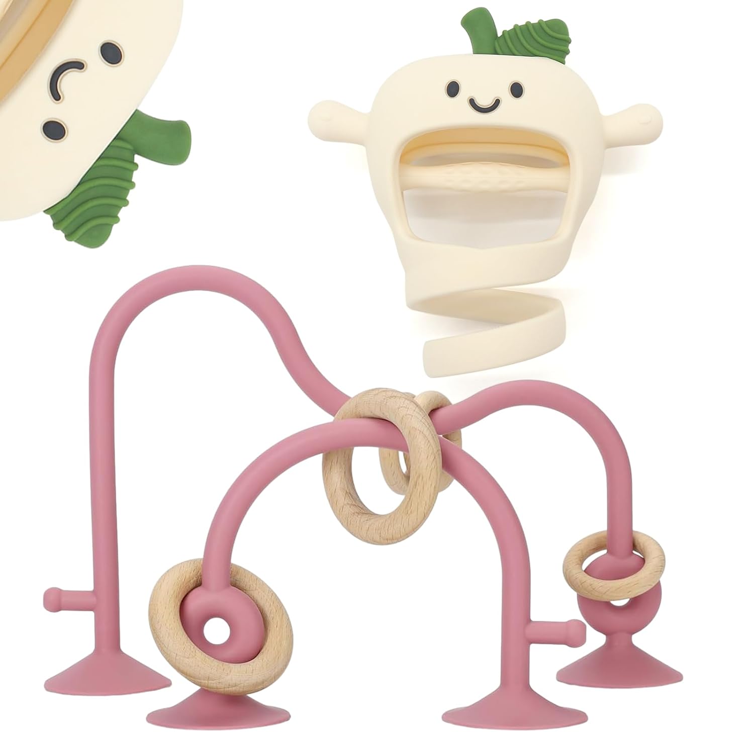 Baby High Chair Suction Toys Teething Chew - Silicone Apple Teething Relief Toys Silicone Teethers Table Toys, Food Grade Silicon for 6 12 18 Months(Beige)