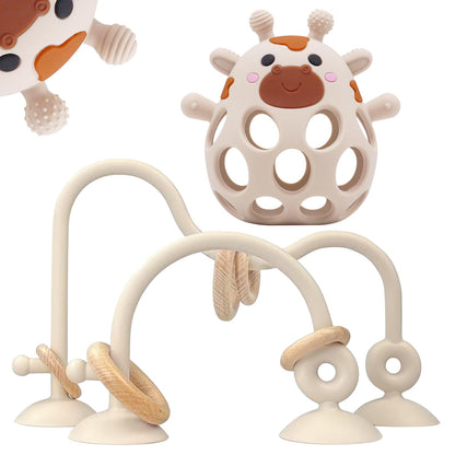 Baby High Chair Suction Toys Teething Chew - Silicone Apple Teething Relief Toys Silicone Teethers Table Toys, Food Grade Silicon for 6 12 18 Months(Beige)