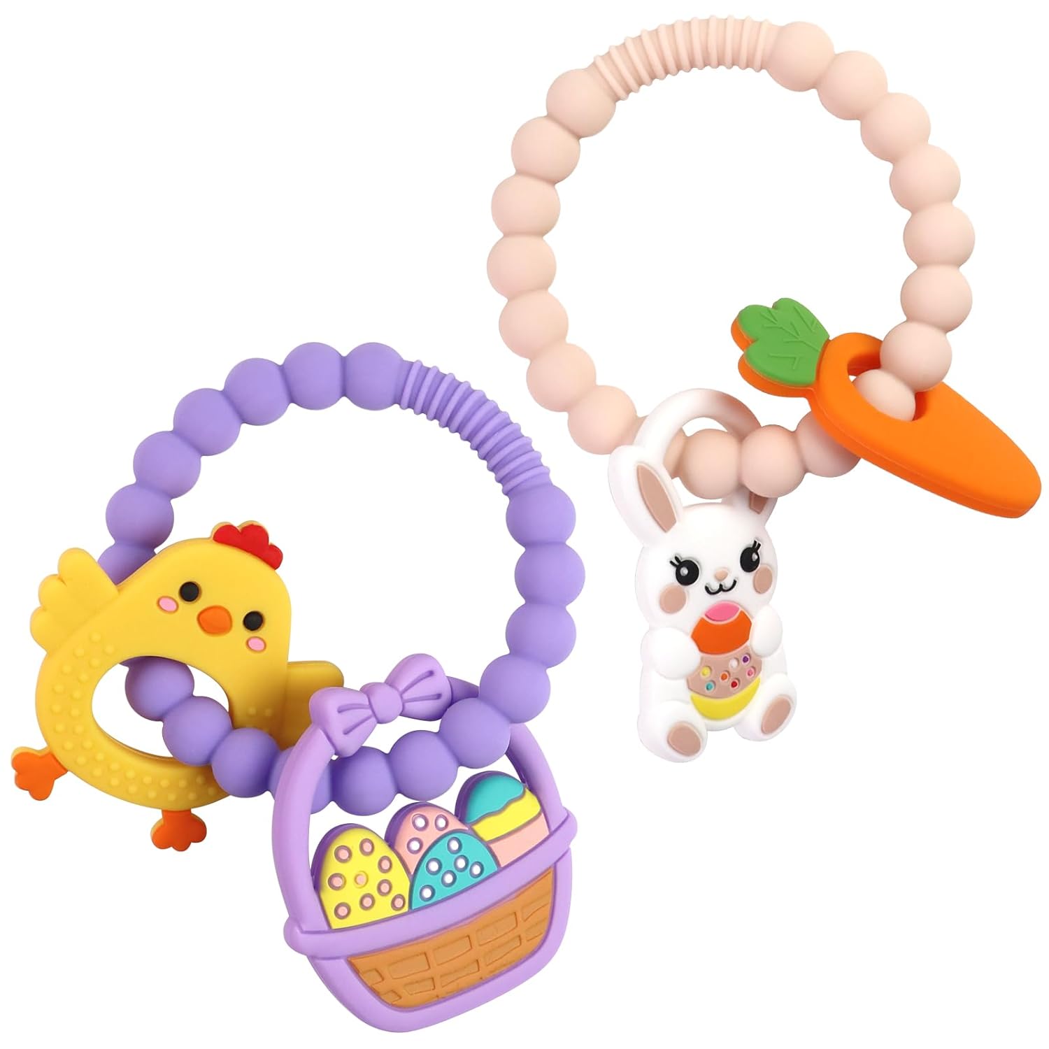 2 PCS Easter Baby Teething Ring Toys, Silicone Carrot Bunny Egg Teether for Newborns Infants Toddlers, Baby Easter Basket Stuffers Baby's First Gifts Girl Boy Sensory Chew Bracelet