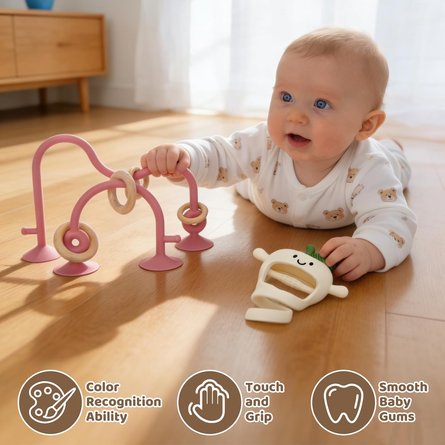 Baby High Chair Suction Toys Teething Chew - Silicone Apple Teething Relief Toys Silicone Teethers Table Toys, Food Grade Silicon for 6 12 18 Months(Beige)