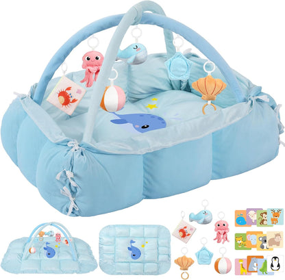 5-in-1 Tummy Time Mat Baby Activity Gym with Cartoon Pattern, Extra Thick Plush Play Floor Mat