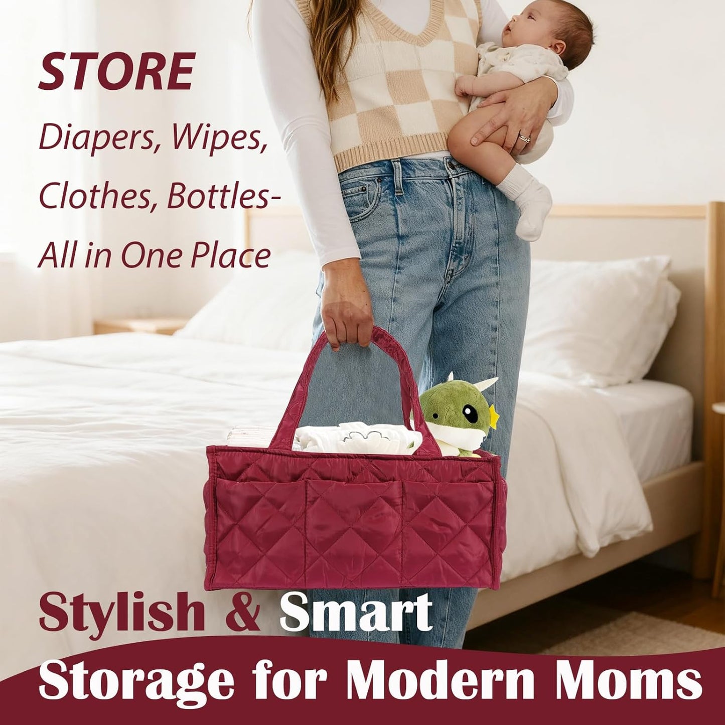 Baby Diaper Caddy Organizer, Nursery Storage Basket for Newborn Essentials, Travel Baby Basket for Diapers Baby Wipes, Organizer Tote Bag Storage Bin, Baby Shower Gifts (Maroon)