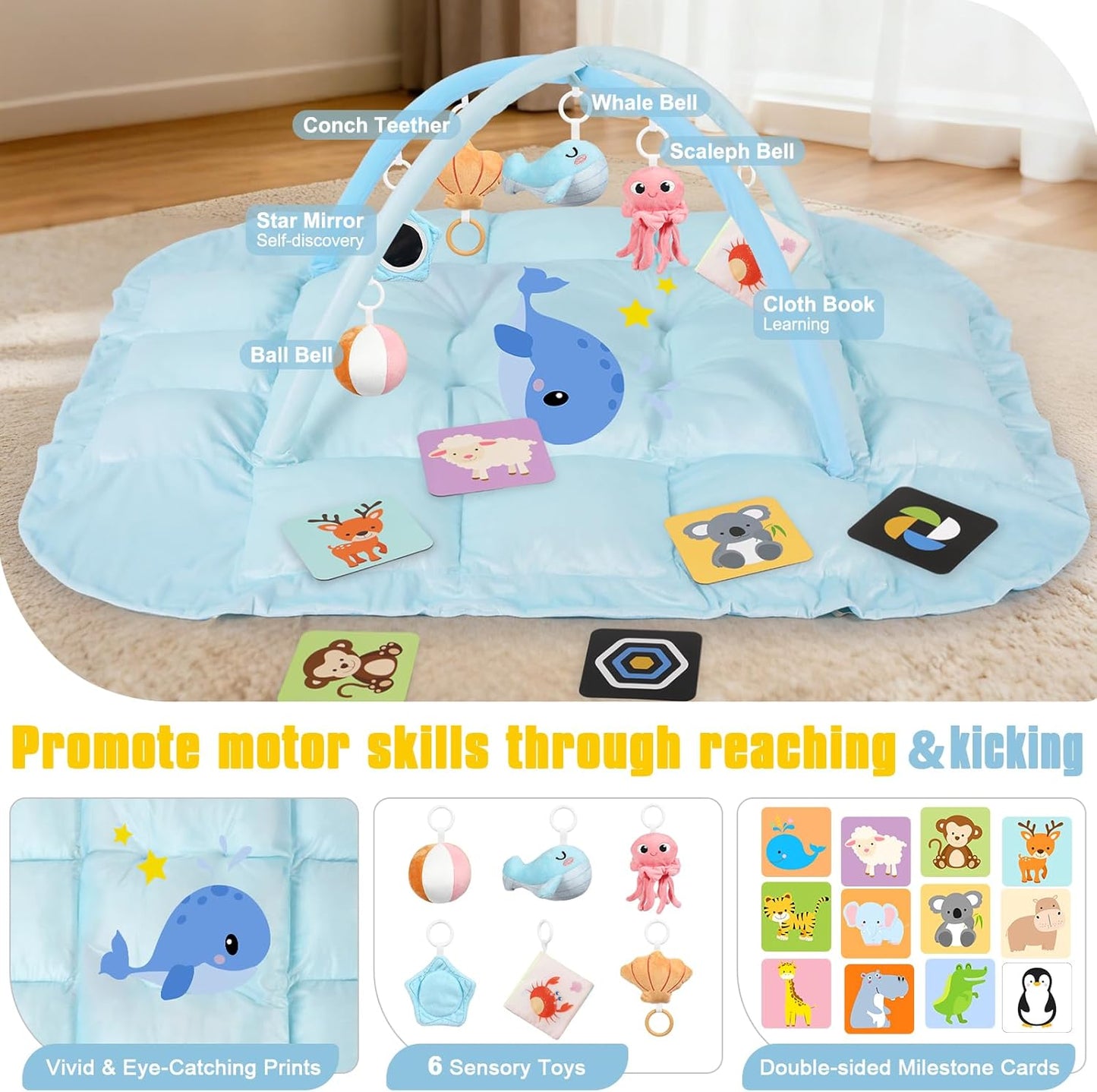 5-in-1 Tummy Time Mat Baby Activity Gym with Cartoon Pattern, Extra Thick Plush Play Floor Mat