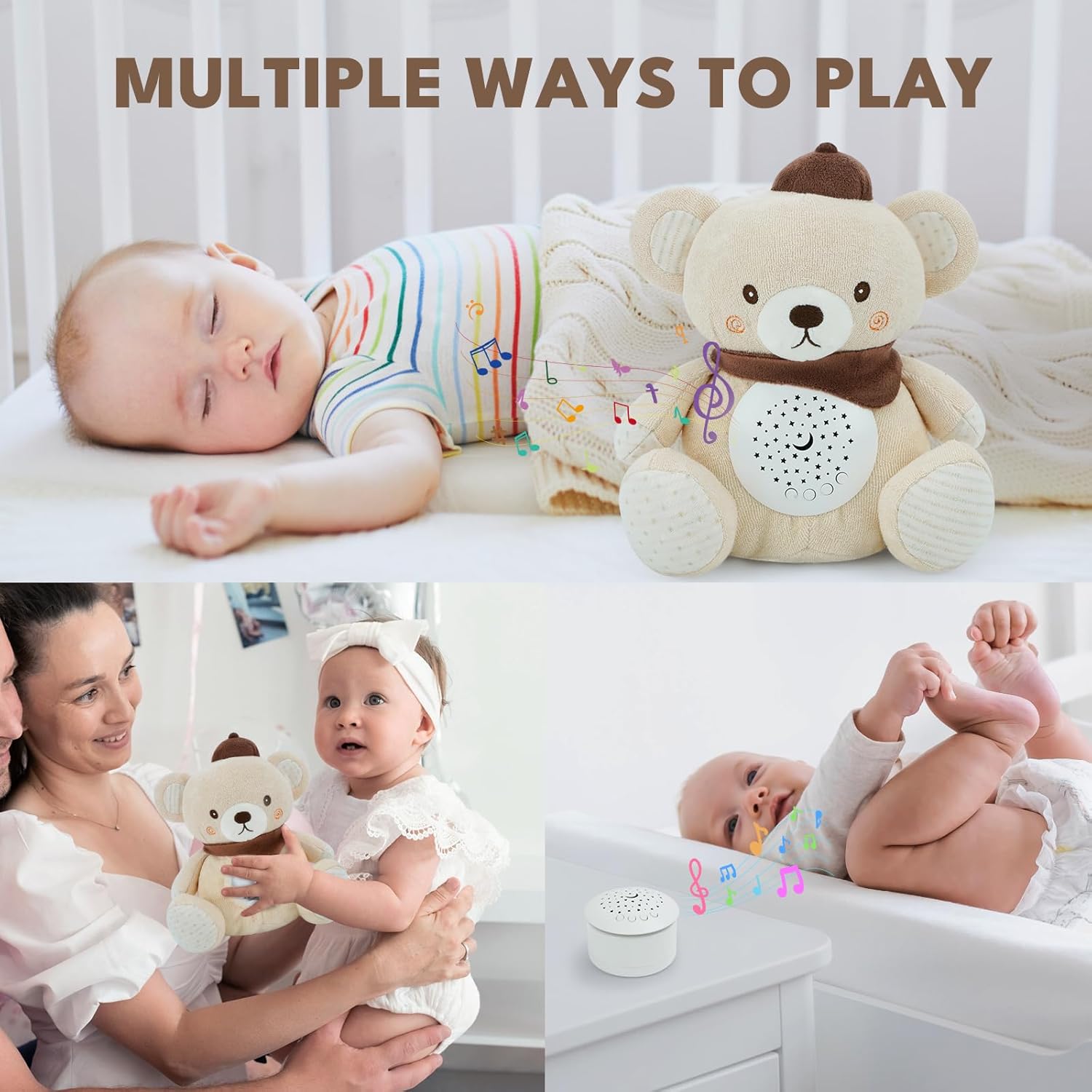 Baby Sleep Soother Bedtime Bear with Night Light Star Projector, Soft Cotton Stuffed Animal Toys for Boys Girls, Lullaby Music, White Noise for Newborn Shower Gifts