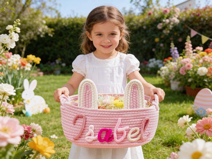 Personalized Baby Basket for Nursery, Baby Showers Gifts for Newborn, Nursery Name Basket, Custom Storage Baskets, Embroidery Storage for Newborn (Easter Basket 1)
