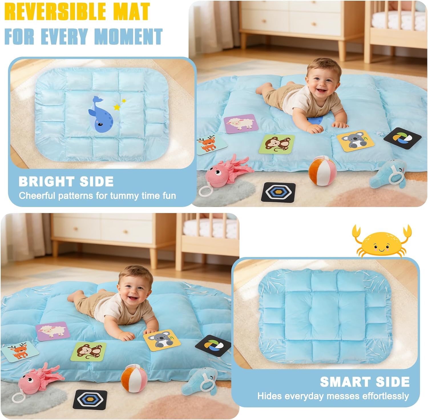 5-in-1 Tummy Time Mat Baby Activity Gym with Cartoon Pattern, Extra Thick Plush Play Floor Mat