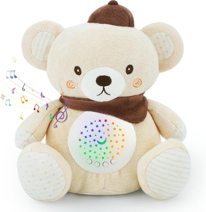 Baby Sleep Soother Bedtime Bear with Night Light Star Projector, Soft Cotton Stuffed Animal Toys for Boys Girls, Lullaby Music, White Noise for Newborn Shower Gifts