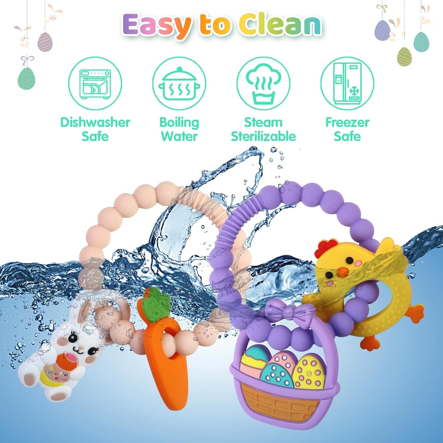 2 PCS Easter Baby Teething Ring Toys, Silicone Carrot Bunny Egg Teether for Newborns Infants Toddlers, Baby Easter Basket Stuffers Baby's First Gifts Girl Boy Sensory Chew Bracelet