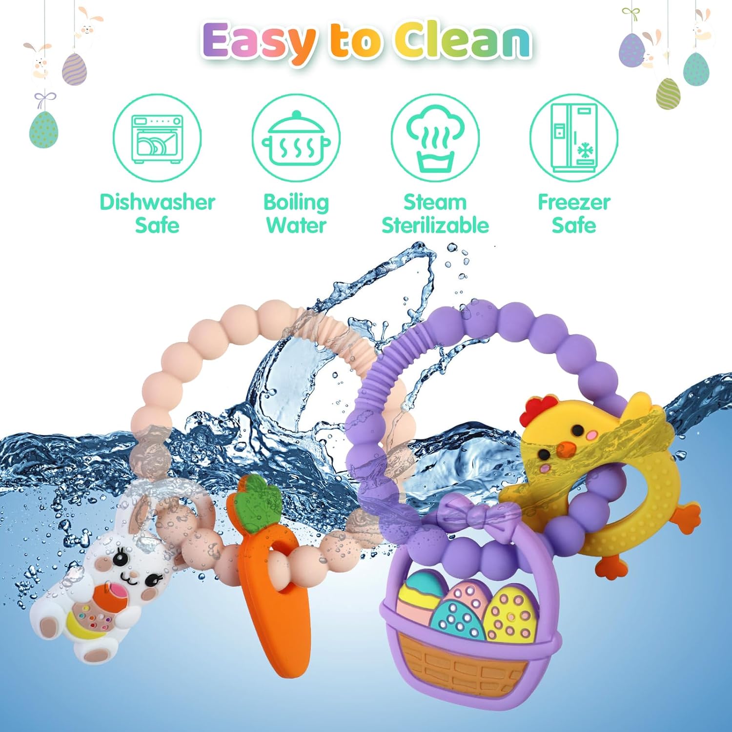 2 PCS Easter Baby Teething Ring Toys, Silicone Carrot Bunny Egg Teether for Newborns Infants Toddlers, Baby Easter Basket Stuffers Baby's First Gifts Girl Boy Sensory Chew Bracelet