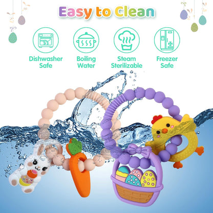 2 PCS Easter Baby Teething Ring Toys, Silicone Carrot Bunny Egg Teether for Newborns Infants Toddlers, Baby Easter Basket Stuffers Baby's First Gifts Girl Boy Sensory Chew Bracelet