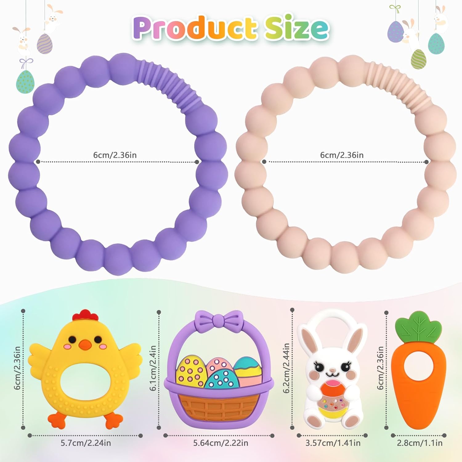 2 PCS Easter Baby Teething Ring Toys, Silicone Carrot Bunny Egg Teether for Newborns Infants Toddlers, Baby Easter Basket Stuffers Baby's First Gifts Girl Boy Sensory Chew Bracelet