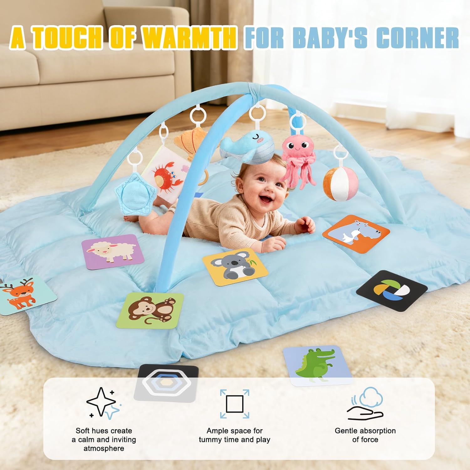 5-in-1 Tummy Time Mat Baby Activity Gym with Cartoon Pattern, Extra Thick Plush Play Floor Mat