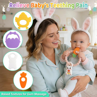 2 PCS Easter Baby Teething Ring Toys, Silicone Carrot Bunny Egg Teether for Newborns Infants Toddlers, Baby Easter Basket Stuffers Baby's First Gifts Girl Boy Sensory Chew Bracelet