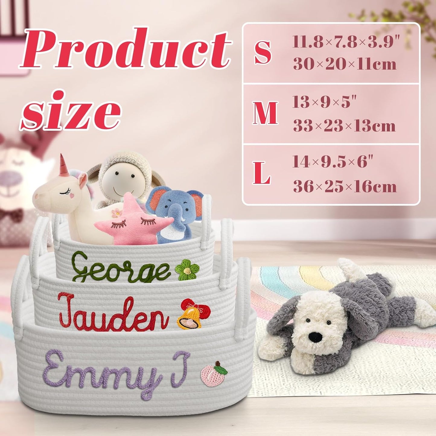 Personalized Baby Basket with Name - Custom Cotton Rope Storage Basket & Organizer for Nursery, Diaper Caddy and Keepsakes, Baby Shower Gifts