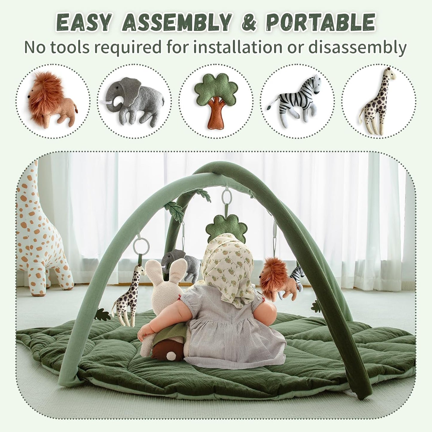 Baby Play Gym with Mat Leaf Shaped, Baby Play Mat with 5 Hanging Toys Tummy Time Mat, Baby Gym Activity Center, Washable (Green)
