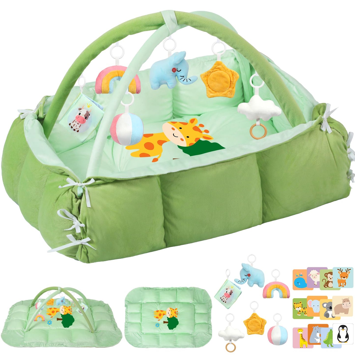 5-in-1 Tummy Time Mat Baby Activity Gym with Cartoon Pattern, Extra Thick Plush Play Floor Mat