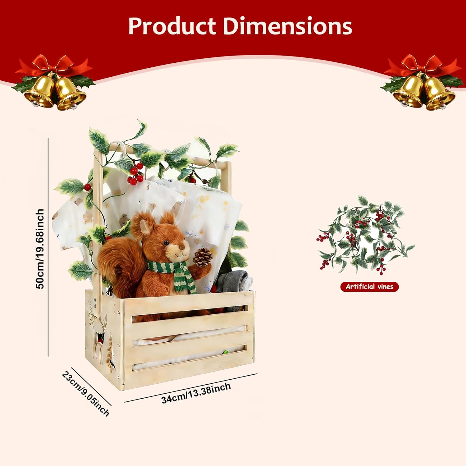Wooden Baby Shower Crate Closet, Baby Basket With Artificial Garland Wreath & Accessories - Baby Shower Basket for Newborn Boys Girls, Pregnancy Gifts for New Parents