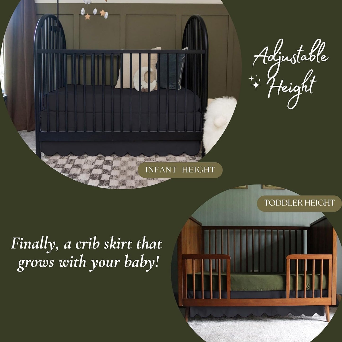 1Pcs Scalloped Edge Mini Crib Bed Skirt - 24"x 38" + 10" Drop Lenght with Split Corners for Baby Boys Girls Soft 4-Sided Bed Skirt 100% Microfiber Fabric - Black Solid