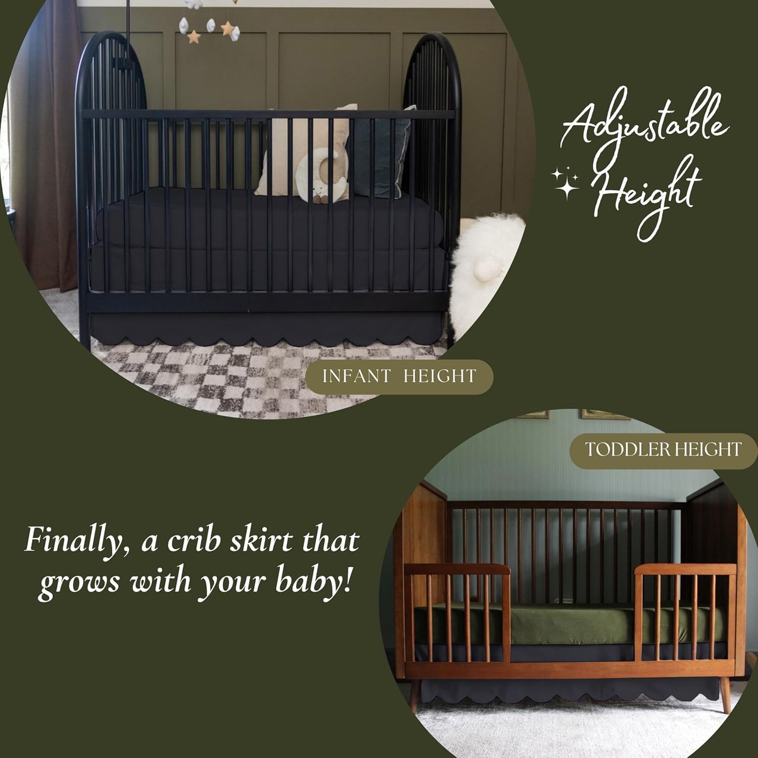 1Pcs Scalloped Edge Mini Crib Bed Skirt - 24"x 38" + 10" Drop Lenght with Split Corners for Baby Boys Girls Soft 4-Sided Bed Skirt 100% Microfiber Fabric - Black Solid