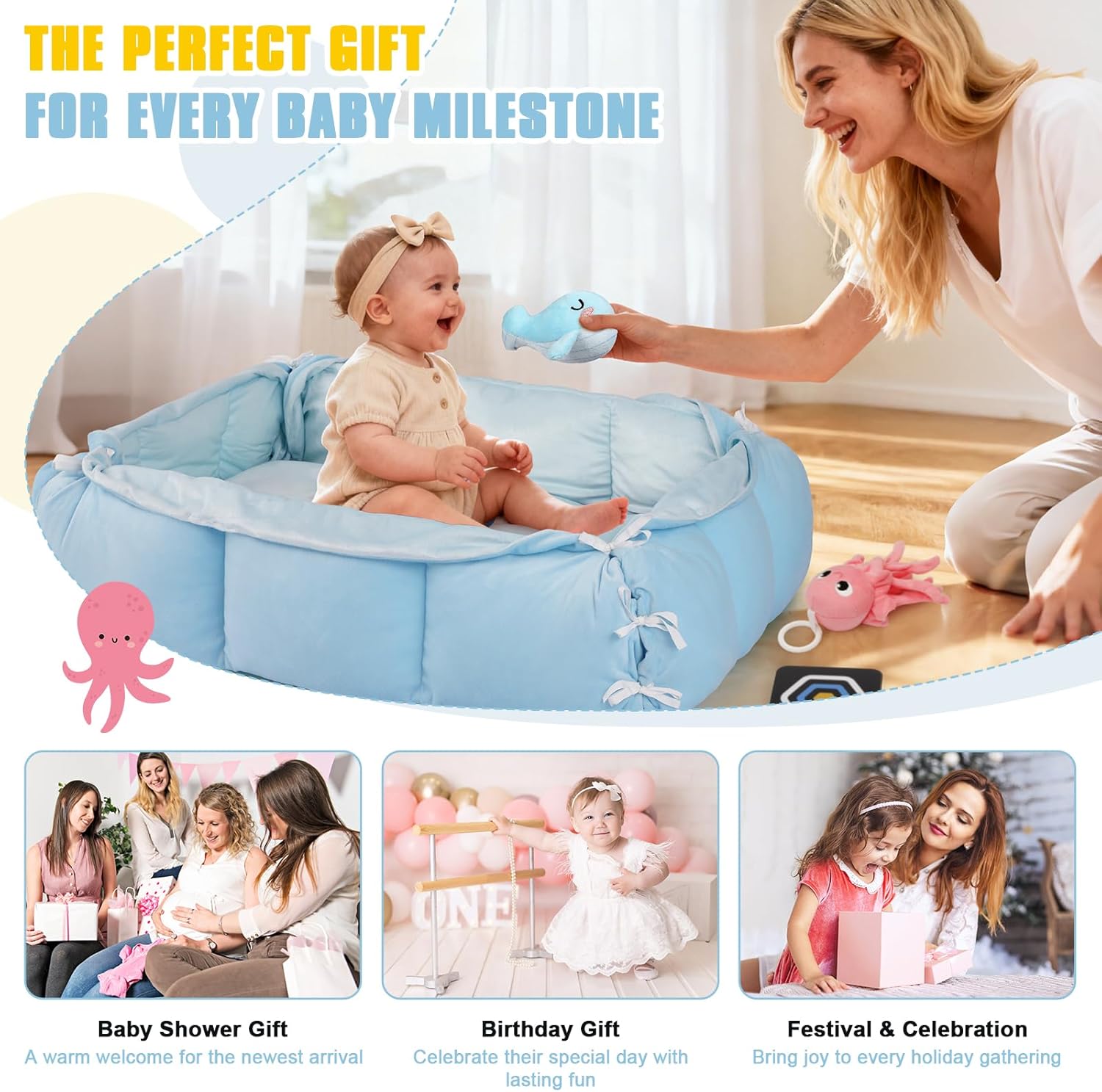 5-in-1 Tummy Time Mat Baby Activity Gym with Cartoon Pattern, Extra Thick Plush Play Floor Mat