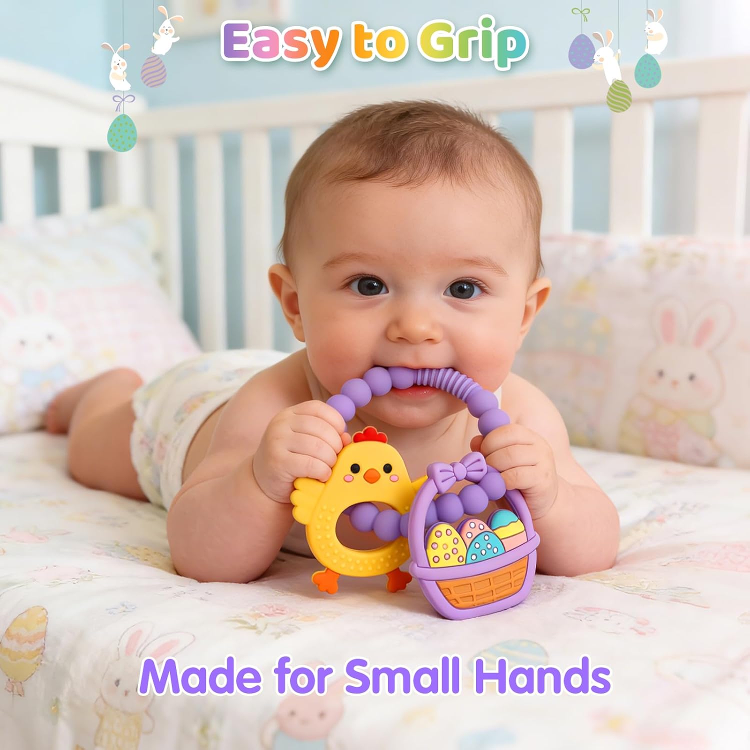 2 PCS Easter Baby Teething Ring Toys, Silicone Carrot Bunny Egg Teether for Newborns Infants Toddlers, Baby Easter Basket Stuffers Baby's First Gifts Girl Boy Sensory Chew Bracelet
