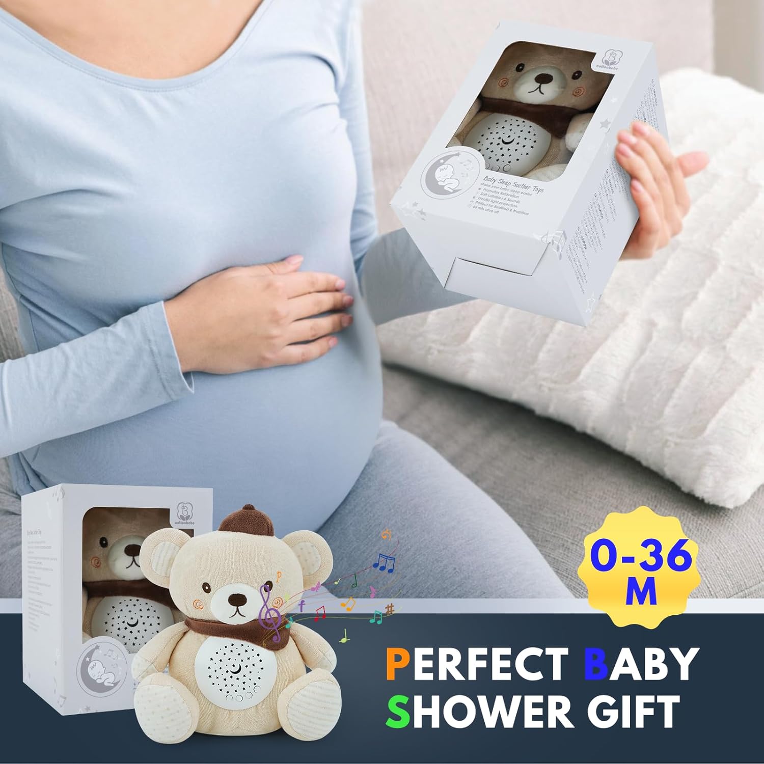 Baby Sleep Soother Bedtime Bear with Night Light Star Projector, Soft Cotton Stuffed Animal Toys for Boys Girls, Lullaby Music, White Noise for Newborn Shower Gifts