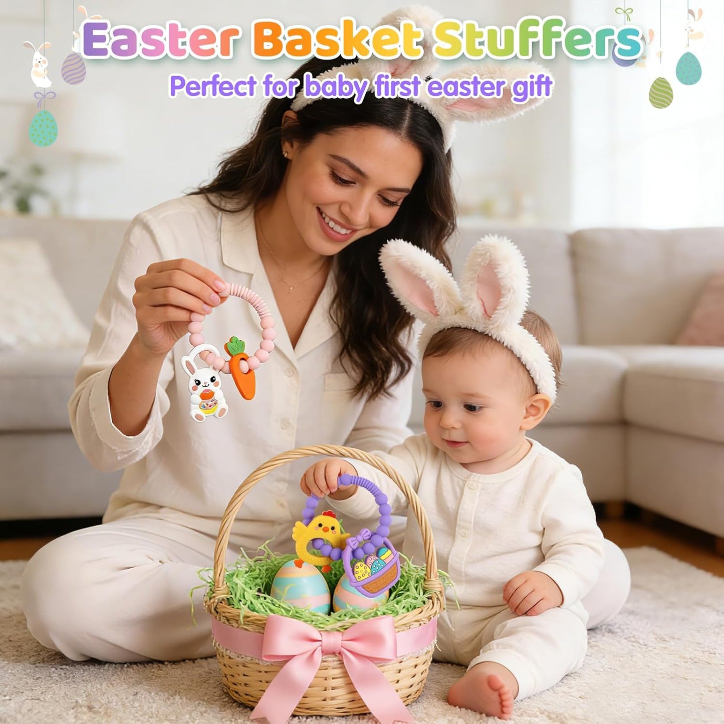 2 PCS Easter Baby Teething Ring Toys, Silicone Carrot Bunny Egg Teether for Newborns Infants Toddlers, Baby Easter Basket Stuffers Baby's First Gifts Girl Boy Sensory Chew Bracelet