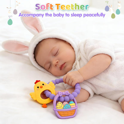 2 PCS Easter Baby Teething Ring Toys, Silicone Carrot Bunny Egg Teether for Newborns Infants Toddlers, Baby Easter Basket Stuffers Baby's First Gifts Girl Boy Sensory Chew Bracelet