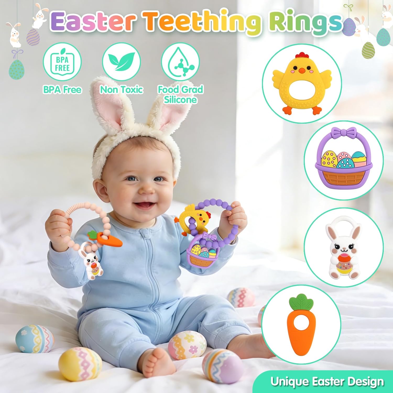 2 PCS Easter Baby Teething Ring Toys, Silicone Carrot Bunny Egg Teether for Newborns Infants Toddlers, Baby Easter Basket Stuffers Baby's First Gifts Girl Boy Sensory Chew Bracelet