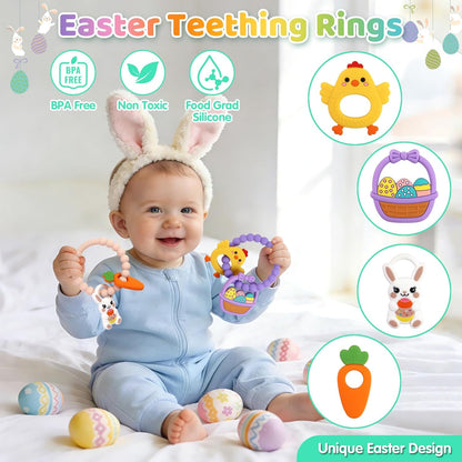 2 PCS Easter Baby Teething Ring Toys, Silicone Carrot Bunny Egg Teether for Newborns Infants Toddlers, Baby Easter Basket Stuffers Baby's First Gifts Girl Boy Sensory Chew Bracelet