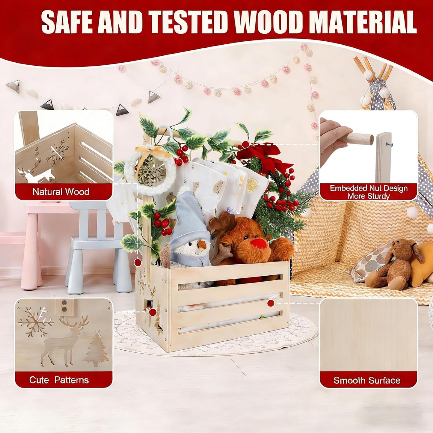 Wooden Baby Shower Crate Closet, Baby Basket With Artificial Garland Wreath & Accessories - Baby Shower Basket for Newborn Boys Girls, Pregnancy Gifts for New Parents