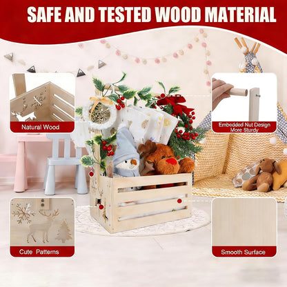 Wooden Baby Shower Crate Closet, Baby Basket With Artificial Garland Wreath & Accessories - Baby Shower Basket for Newborn Boys Girls, Pregnancy Gifts for New Parents