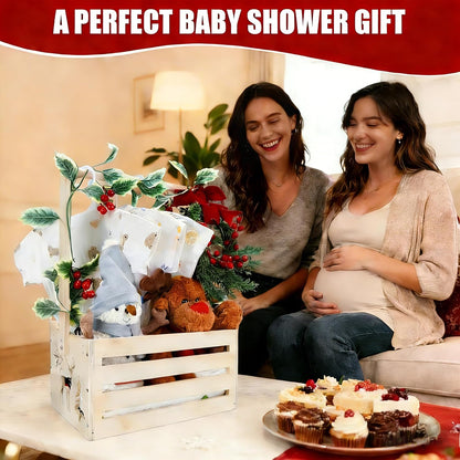 Wooden Baby Shower Crate Closet, Baby Basket With Artificial Garland Wreath & Accessories - Baby Shower Basket for Newborn Boys Girls, Pregnancy Gifts for New Parents