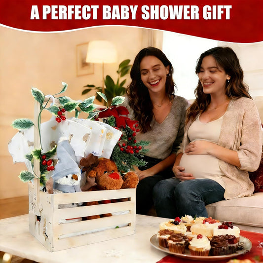 Wooden Baby Shower Crate Closet, Baby Basket With Artificial Garland Wreath & Accessories - Baby Shower Basket for Newborn Boys Girls, Pregnancy Gifts for New Parents