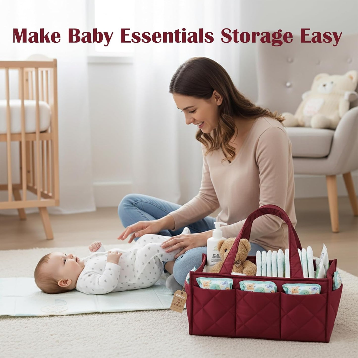 Baby Diaper Caddy Organizer, Nursery Storage Basket for Newborn Essentials, Travel Baby Basket for Diapers Baby Wipes, Organizer Tote Bag Storage Bin, Baby Shower Gifts (Maroon)