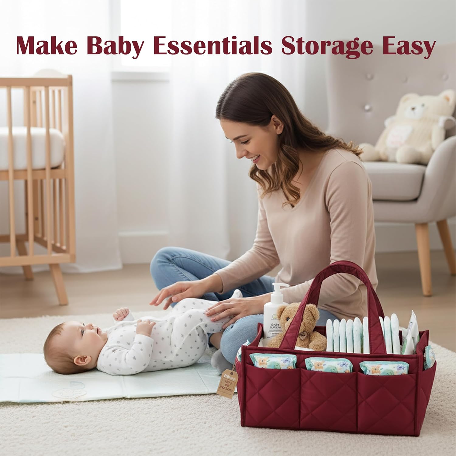 Baby Diaper Caddy Organizer, Nursery Storage Basket for Newborn Essentials, Travel Baby Basket for Diapers Baby Wipes, Organizer Tote Bag Storage Bin, Baby Shower Gifts (Maroon)