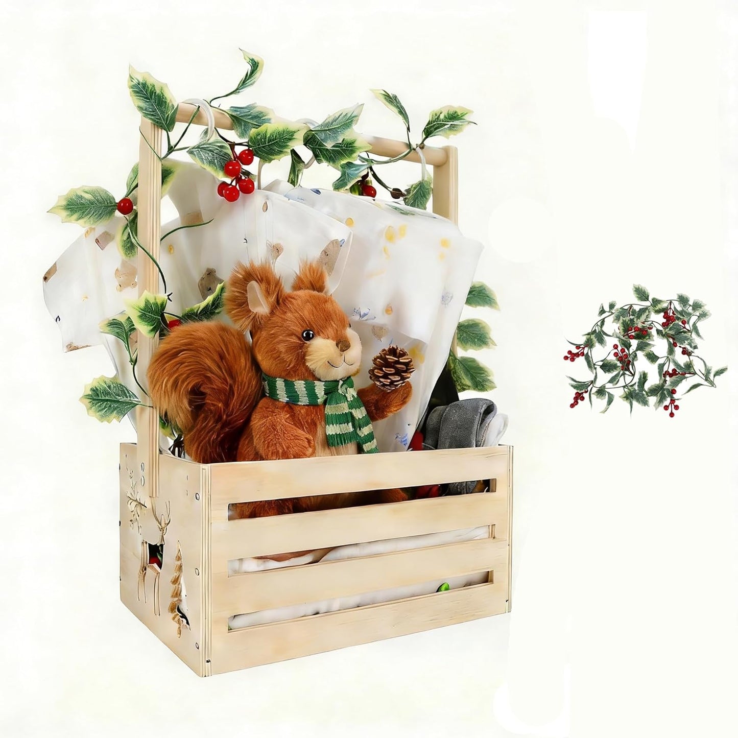 Wooden Baby Shower Crate Closet, Baby Basket With Artificial Garland Wreath & Accessories - Baby Shower Basket for Newborn Boys Girls, Pregnancy Gifts for New Parents