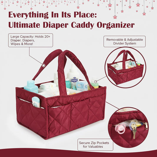 Baby Diaper Caddy Organizer, Nursery Storage Basket for Newborn Essentials, Travel Baby Basket for Diapers Baby Wipes, Organizer Tote Bag Storage Bin, Baby Shower Gifts (Maroon)