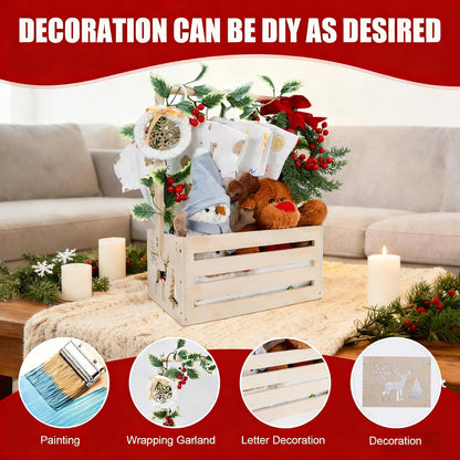 Wooden Baby Shower Crate Closet, Baby Basket With Artificial Garland Wreath & Accessories - Baby Shower Basket for Newborn Boys Girls, Pregnancy Gifts for New Parents