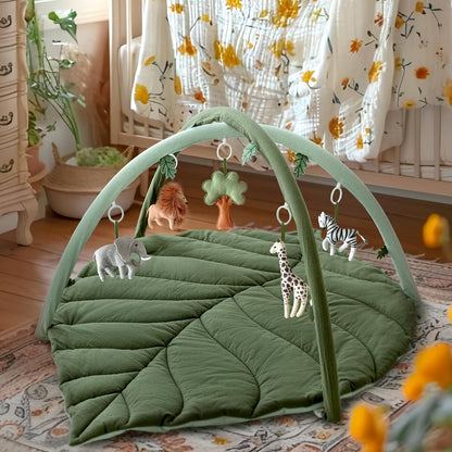 Baby Play Gym with Mat Leaf Shaped, Baby Play Mat with 5 Hanging Toys Tummy Time Mat, Baby Gym Activity Center, Washable (Green)