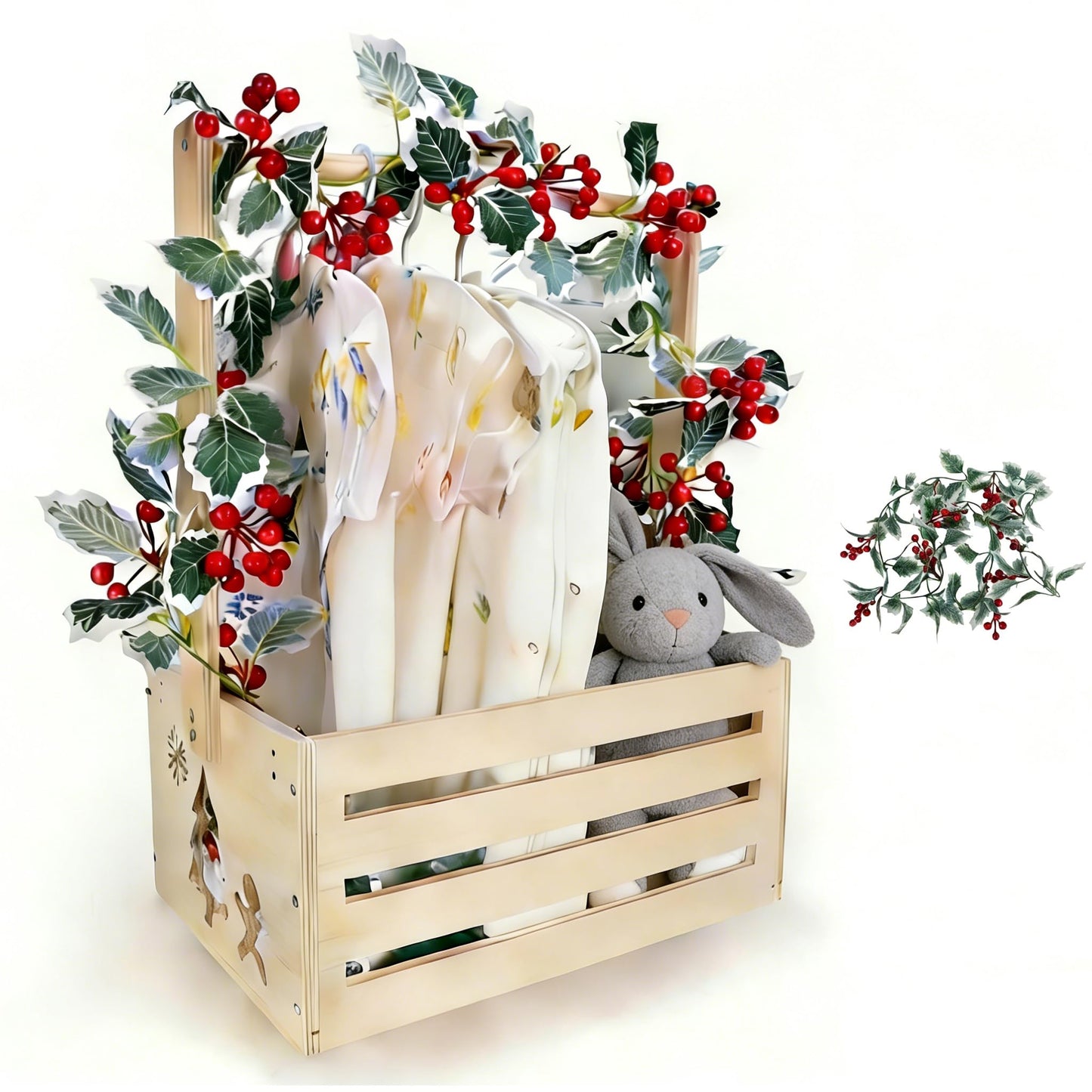 Wooden Baby Shower Crate Closet, Baby Basket With Artificial Garland Wreath & Accessories - Baby Shower Basket for Newborn Boys Girls, Pregnancy Gifts for New Parents