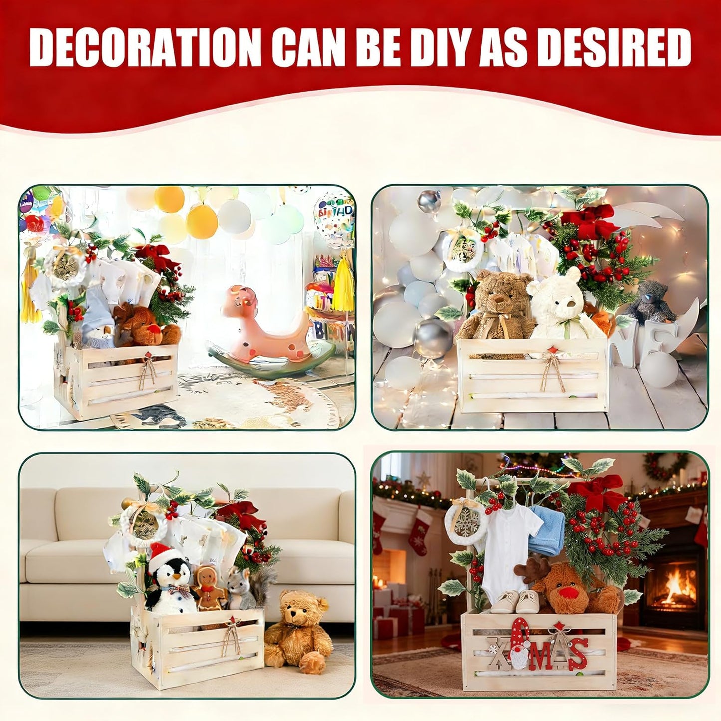 Wooden Baby Shower Crate Closet, Baby Basket With Artificial Garland Wreath & Accessories - Baby Shower Basket for Newborn Boys Girls, Pregnancy Gifts for New Parents
