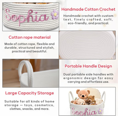 Personalized Baby Basket with Name - Custom Cotton Rope Storage Basket & Organizer for Nursery, Diaper Caddy and Keepsakes, Baby Shower Gifts