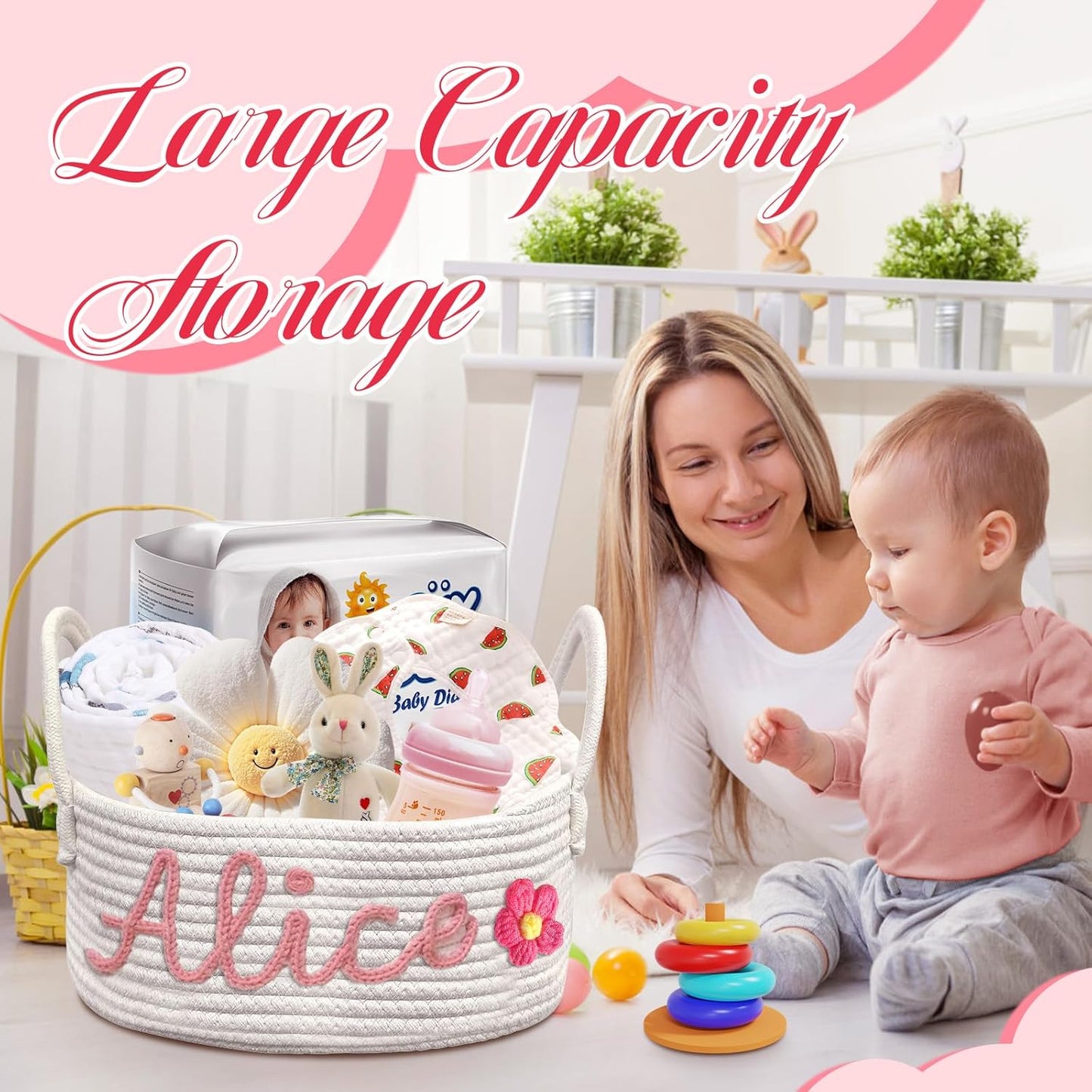 Personalized Baby Basket with Name - Custom Cotton Rope Storage Basket & Organizer for Nursery, Diaper Caddy and Keepsakes, Baby Shower Gifts