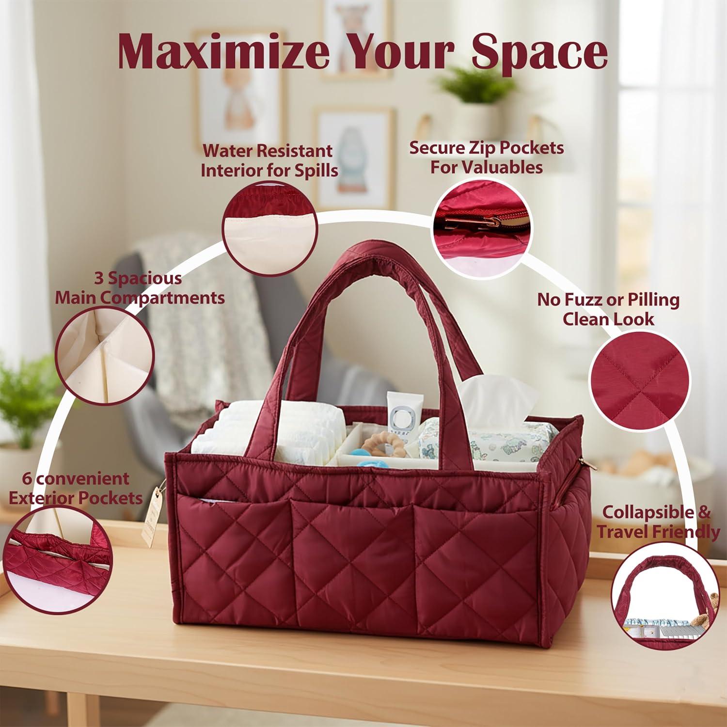 Baby Diaper Caddy Organizer, Nursery Storage Basket for Newborn Essentials, Travel Baby Basket for Diapers Baby Wipes, Organizer Tote Bag Storage Bin, Baby Shower Gifts (Maroon)